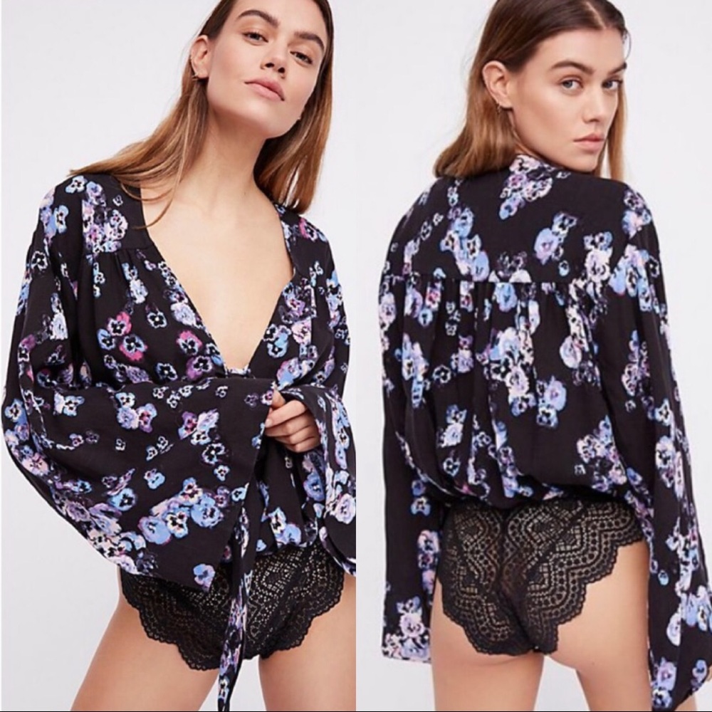 Free People Forties Feel Black Floral Bodysuit XS